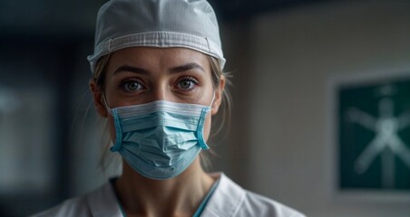 Fototapeta na wymiar Close up portrait of doctor - nurse - every day hero - wearing full medical protection with mask and cap - generative ai - imaginary person