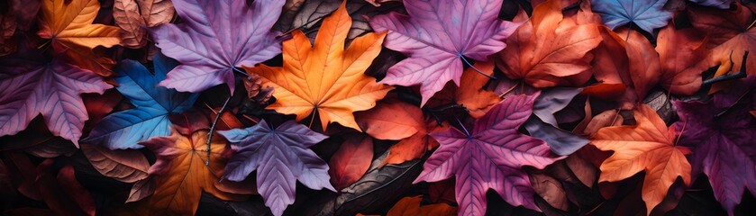 Colorful seasonal autumn background pattern, Vibrant carpet of fallen forest leaves - obrazy, fototapety, plakaty