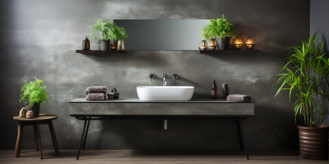 Bathroom Sink Modern Furnishings In  Grey Concrete Flooring Wall Mirror And grey   Backgrounds