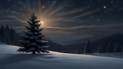 Fototapeta na wymiar A solitary snow-covered pine tree stands in a tranquil winter landscape illuminated by a radiant light and stars streaking across the night sky. winter landscape with snow
