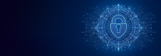 Abstract lock in blue technology background. Abstract lock in lines, security concept. business blue background with blank space for text