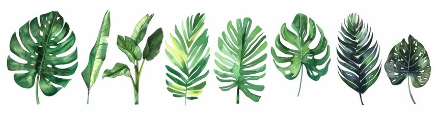 Fototapeta na wymiar Lush green leaves neatly arranged in a row on a clean white background