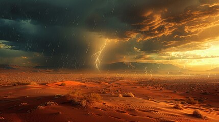 Photorealistic view of a sudden thunderstorm disrupting the calm of a sandy desert ,3DCG,clean sharp focus - obrazy, fototapety, plakaty