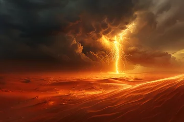 Foto op Plexiglas Photorealistic image of a thunderstorm unleashing over a dense forest ,super realistic,clean sharp focus © Oranuch