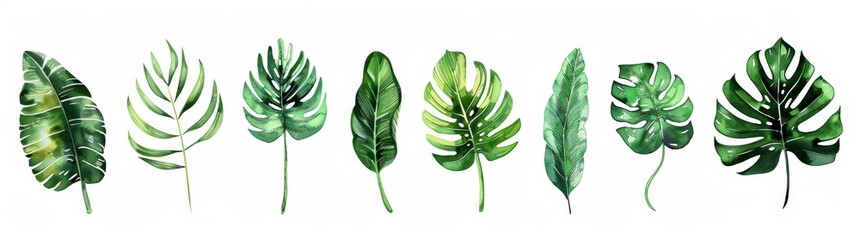 Green leaves are neatly arranged in a row on a clean white background - obrazy, fototapety, plakaty