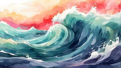 "Digital illustration of an abstract watercolor big wave for textures. The artwork showcases a stylized interpretation of a large wave rendered in watercolor, exuding a fresh, cheerful, and relaxing s