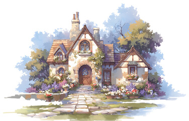 Watercolor cute English house with a white exterior and a brown roof isolated on transparent Background. - 773680560