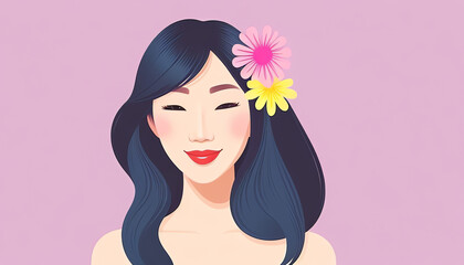 Asian Portrait of a beautiful girl with flowers pastel, Anime, manga drawing of cute girl. Cartoon digital artwork of a pretty attractive lady. Glamour and attractive. Girl is happy.