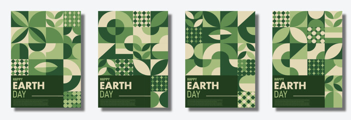 Abstract Pattern Nature Geometric Poster: A Set of Four Eye-Catching Designs for World Earth Day geometric shapes and green color. Modern wallpaper design for social media, cover, brochure