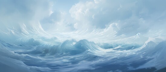 A beautiful painting depicting a massive wave in the ocean against a backdrop of the sky, capturing the power and beauty of nature - obrazy, fototapety, plakaty