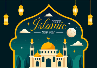Happy Muharram Vector Illustration of Celebrating Islamic New Year with Mosque, Moon and Lantern Concept in Flat Kids Cartoon Background - Powered by Adobe