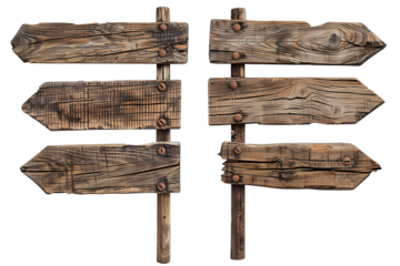 Old wooden road sign set including right, left and both sides, isolated, transparent background