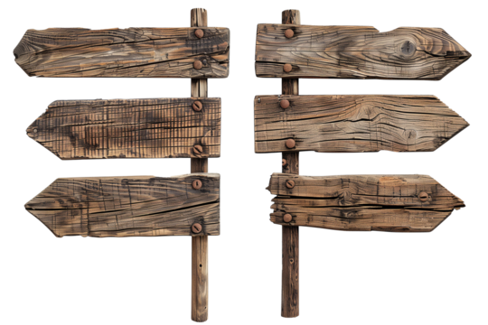 Old wooden road sign set including right, left and both sides, isolated, transparent background