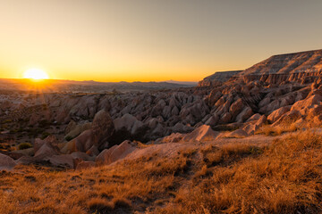 Red valley at Cappadocia, Anatolia, Turkey. Volcanic mountains in Goreme national park.