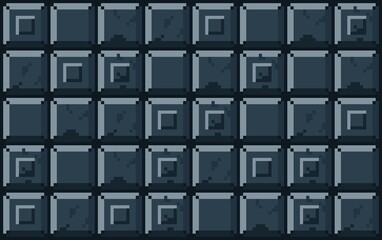 Pixel art Tileset. Steel concrete seamless with dark blue background. 2D Dungeon Steel Wall Texture with shadowing. Assets for Game, Background, Wallpaper.