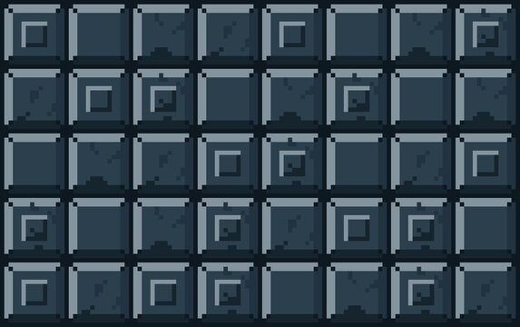 Pixel art Tileset. Steel concrete seamless with dark blue background. 2D Dungeon Steel Wall Texture with shadowing. Assets for Game, Background, Wallpaper.