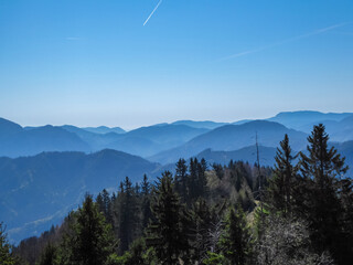 Panoramic view of alpine landscape seen from mountain summit of Hochanger in Bruck an der Mur,...