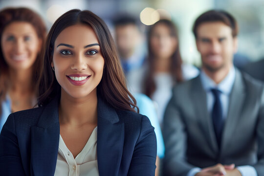 hire best job candidate hispanic, friendly smiling young woman with text space