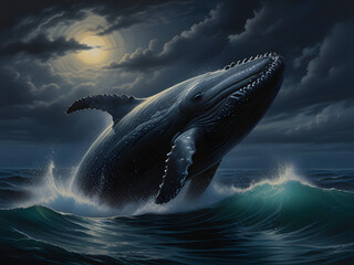 whale swimming amidst waves in the ocean