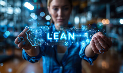 Business Innovator Harnessing LEAN Principles for Maximizing Value and Efficiency with a Futuristic Interactive Display - obrazy, fototapety, plakaty