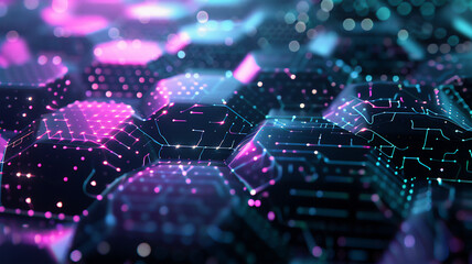 Futuristic hexagonal shapes, purple with dark shades, background image. technology landscape. new...