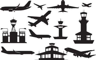 Black and white sketch of travel icons