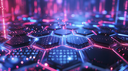Fototapeta premium Futuristic hexagonal shapes, purple with dark shades, background image. technology landscape. new technology, future concept.
