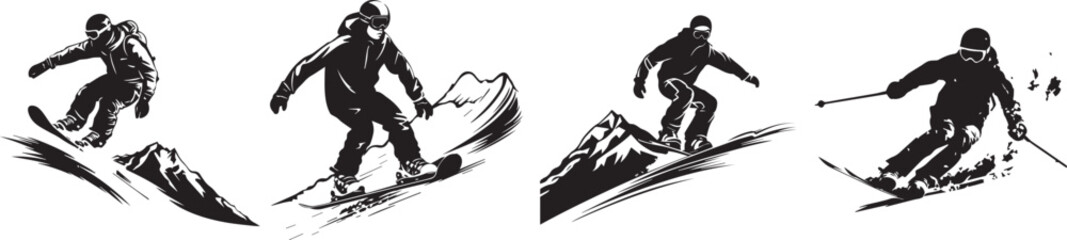 black and white illustration of a snowboarding