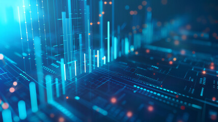 Financial graph on blue technology abstract background: Cinematic representation of trends and data analysis. Visualization of financial performance and technology integration.