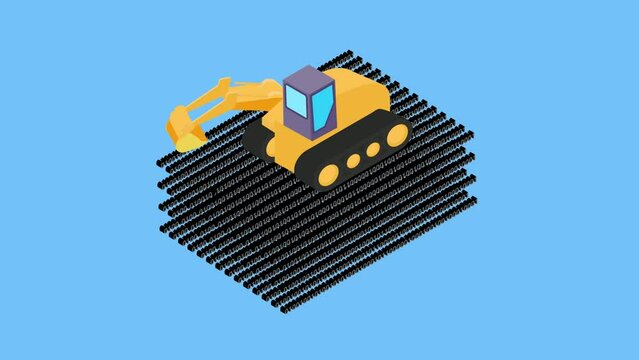 An excavator digging through a binary code