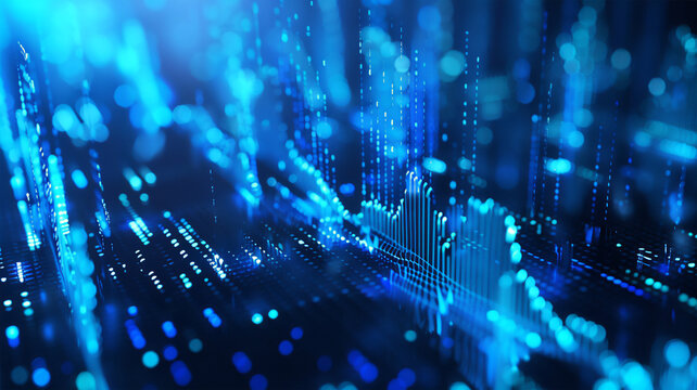 Financial graph on blue technology abstract background: Cinematic representation of trends and data analysis. Visualization of financial performance and technology integration.