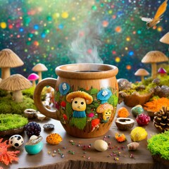 Fototapeta premium A whimsical wooden mug isolated in a fantasy world, surrounded by colorful fairytale creatures and magical elements, transporting viewers to a realm of imagination and wonder.