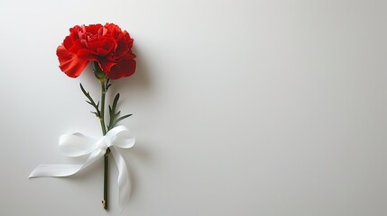 A refreshing white background with a single bright red carnation. Decorated elegantly with a white bow tied around the stem at the corner. Mixing simplicity with sophistication