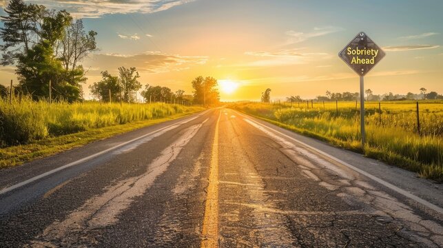 Open road in the countryside at sunrise with a sign reading "Sobriety Ahead" symbolizing a journey to recovery and a brighter future.