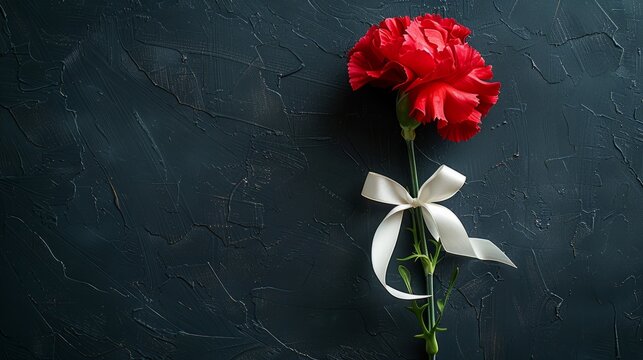 A refreshing black background with a single bright red carnation. Decorated elegantly with a white bow tied around the stem at the corner. Mixing simplicity with sophistication