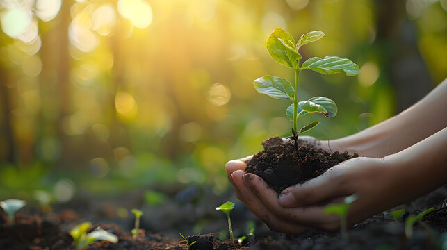 Hands holding a plant in the dirt, in the style of backlight, concept green world earth day