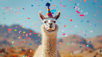 Fototapeta premium A festive llama wearing a party hat smiles as confetti flies around it