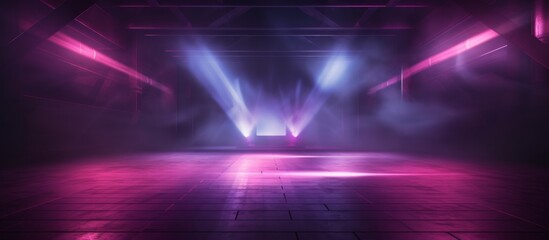 Dimly lit space featuring a central stage illuminated by bright lights, creating a dramatic...