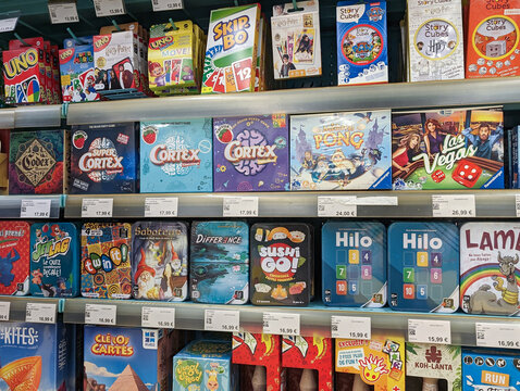 France, 2 March 2024 : Assortment of board games displayed in a store.