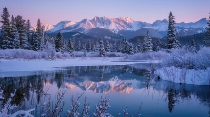 A serene winter landscape: snow-covered trees, a frozen lake with reflections, and majestic mountains under a pastel morning sky.