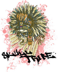 Skull Tribe - Skull with Indian headdress, tribal style tattoo. Graffiti on the wall design. 