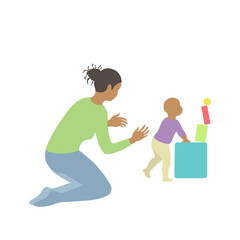 Black  woman looks after a child climbing a mountain of toys. simple vector style in realistic silhouette without face. white nanny or mom spends time with baby
