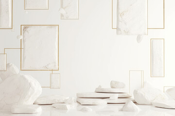 3d render, abstract white background with levitating chalk stones rocks with golden frames - obrazy, fototapety, plakaty