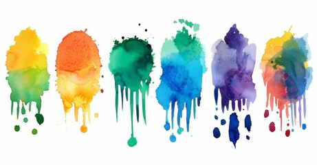 Various colors of paint, including red, blue, yellow, and green, are displayed on a clean white background
