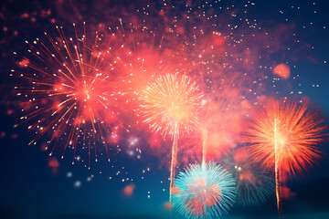 Fototapeta premium Spectacular fireworks display over a reflective water body with silhouettes of a crowd gathered to watch, under a twilight sky. Generative AI 