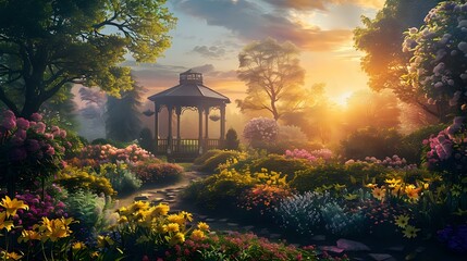 Evening Garden Delight: Gazebo Nestled Among Flowers and Towering Trees - Powered by Adobe