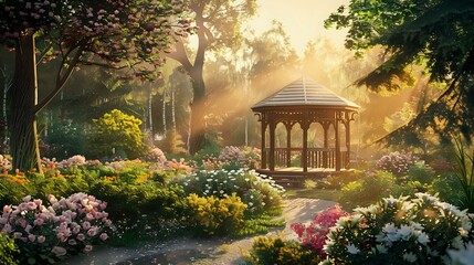 Dusk Oasis: Garden Gazebo Enveloped by Floral Beauty and Verdant Foliage - obrazy, fototapety, plakaty