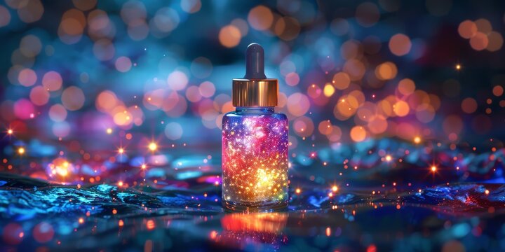 Enchanting 3D render of a magical, glowing serum dropper, with a swirling, galaxy-like liquid inside and tiny, twinkling star-shaped particles suspended in a 4. shimmering, iridescent formula
