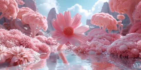 Whimsical 3D render of a fantastical, oversized blush compact, with a blooming, 6. flower-shaped powder and playful, petal-like applicators in a dreamy, pastel-hued garden setting