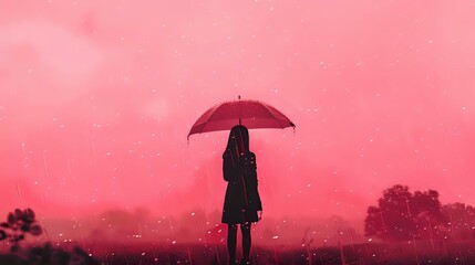 Solitary Figure Under Umbrella: Rainy Pink Sky, Reflective Moments, AI